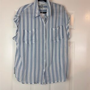 Kut from the Kloth blue stripe linen blend button up shirt sz Large